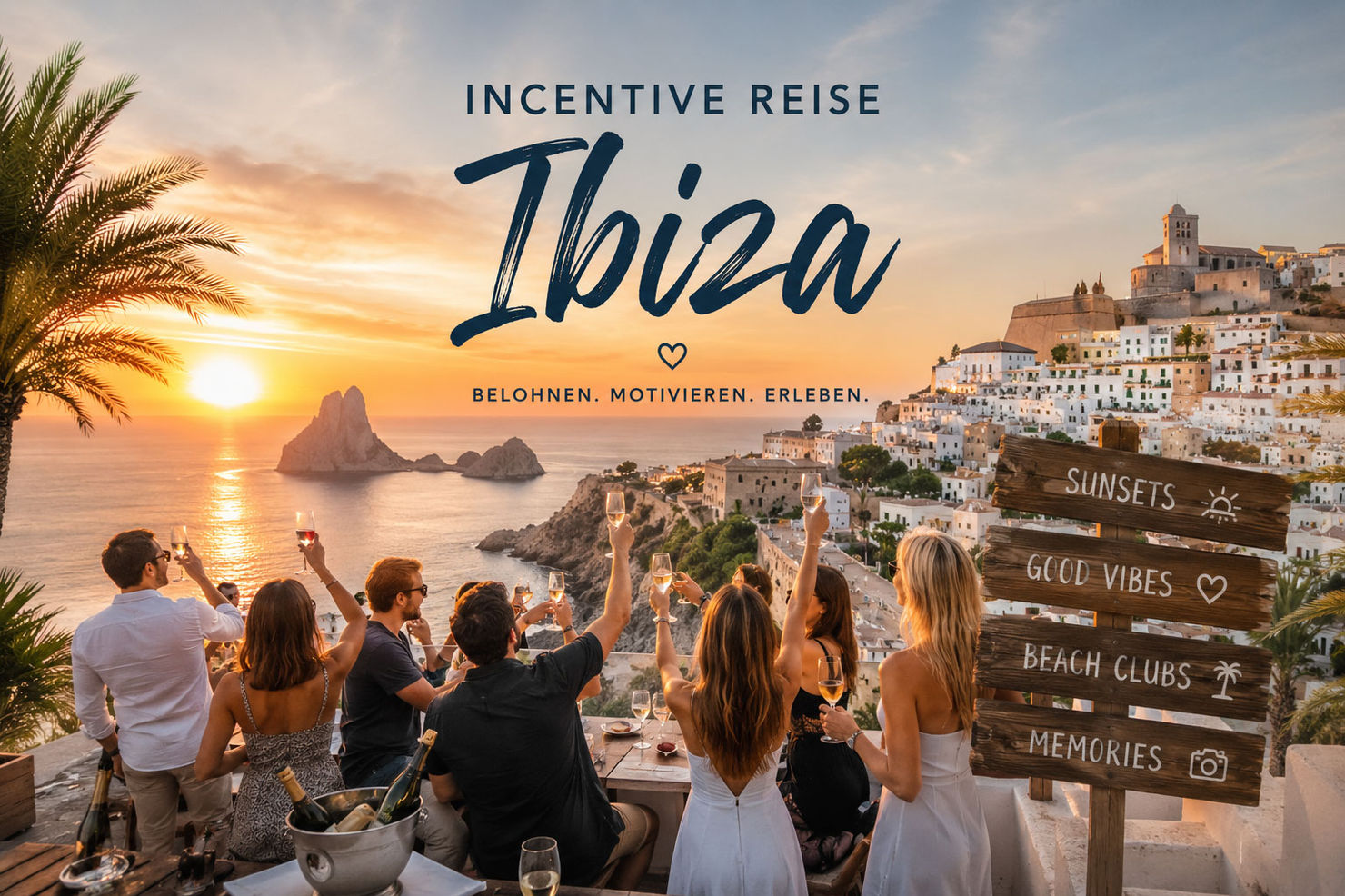 People celebrate at sunset in Ibiza, raising glasses while gazing at the sea. Caption: "Incentive trip Ibiza".