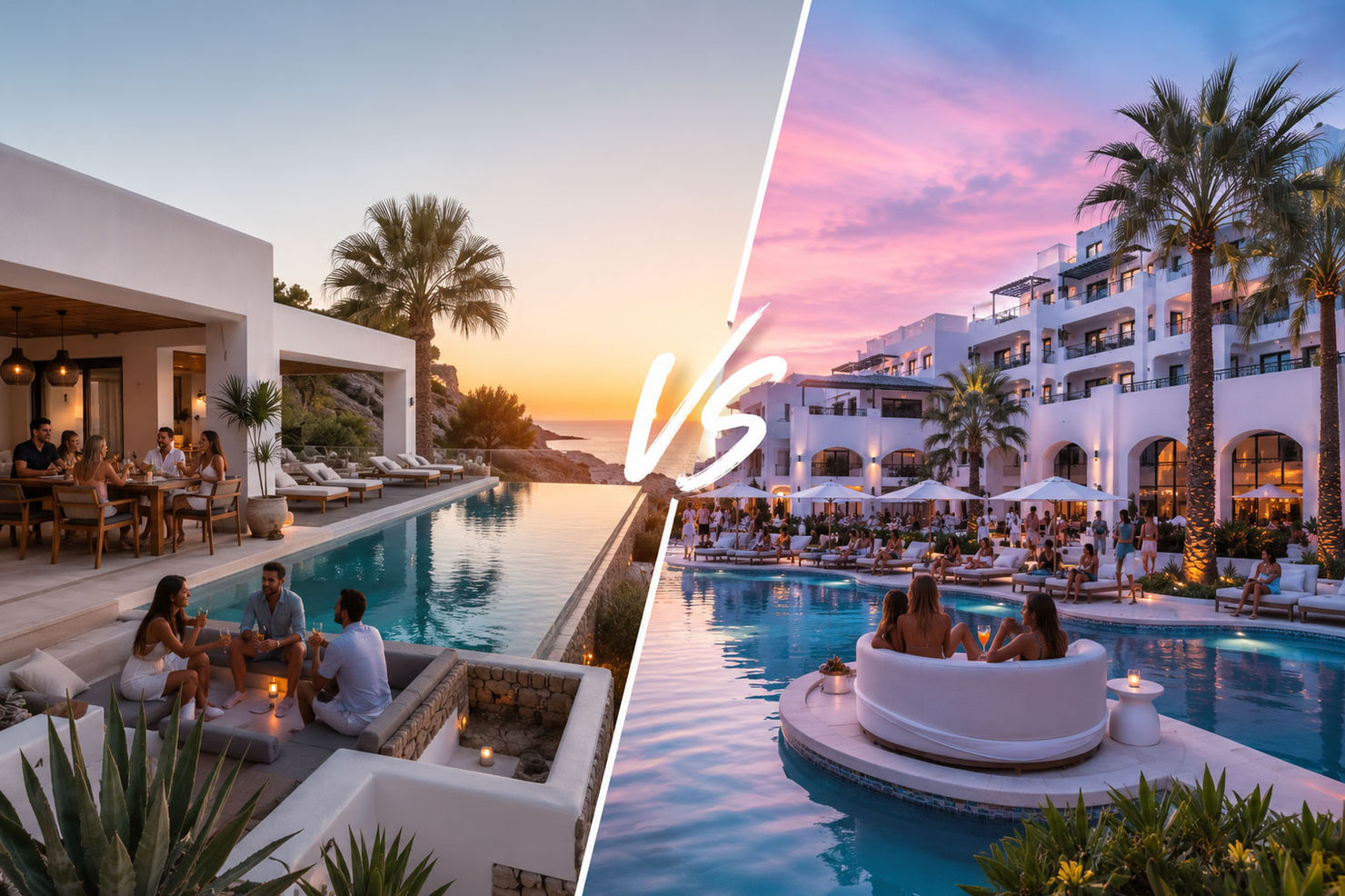 Modern villa with pool and group at sunset on the left. Hotel pool with palm trees and people at sunset on the right. "VS" in the middle.