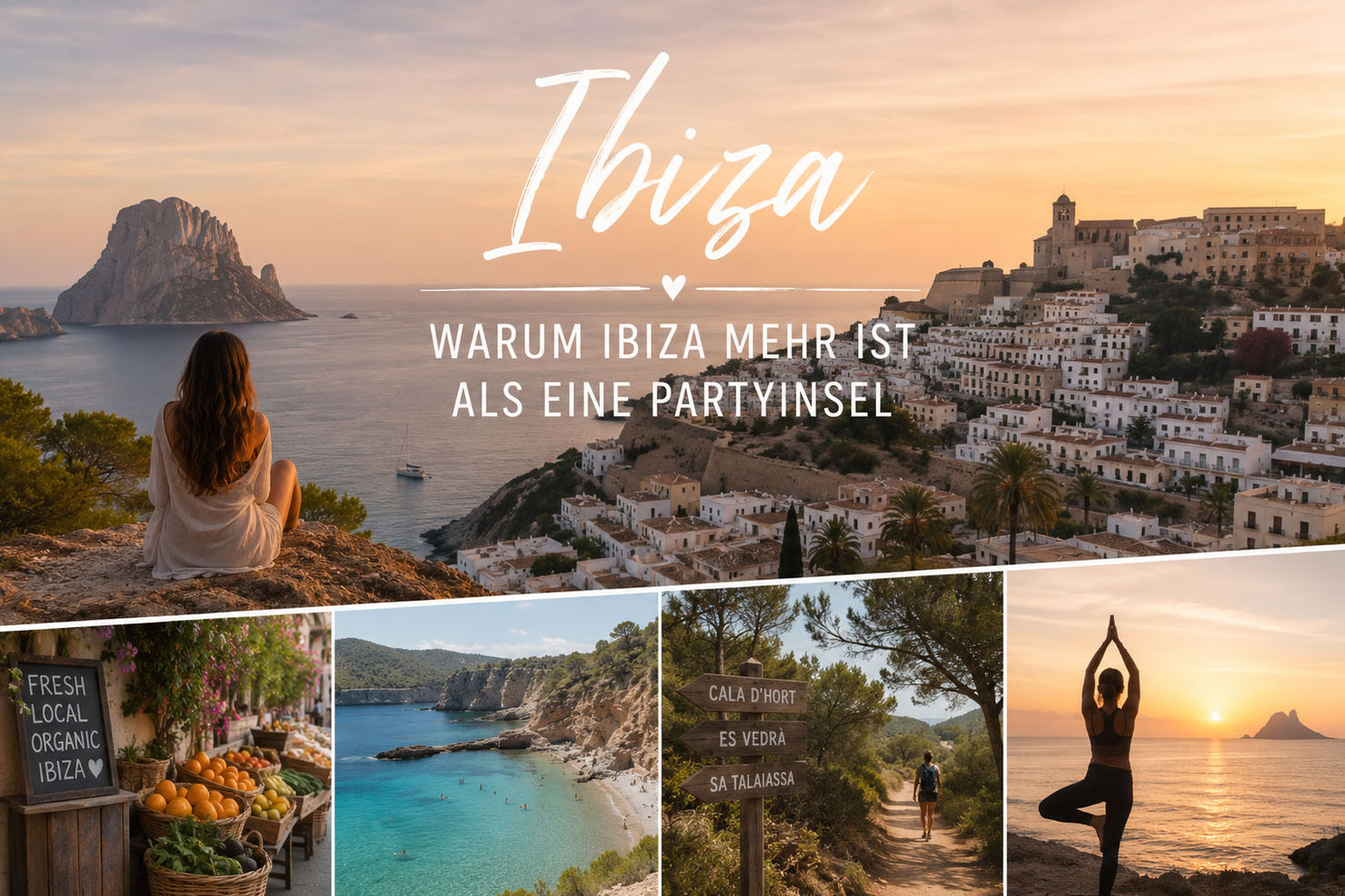 Woman gazes at Ibiza Town and the sea at sunset. Below images: fruit stand, beach, sign, yoga by the sea. Text: Ibiza.