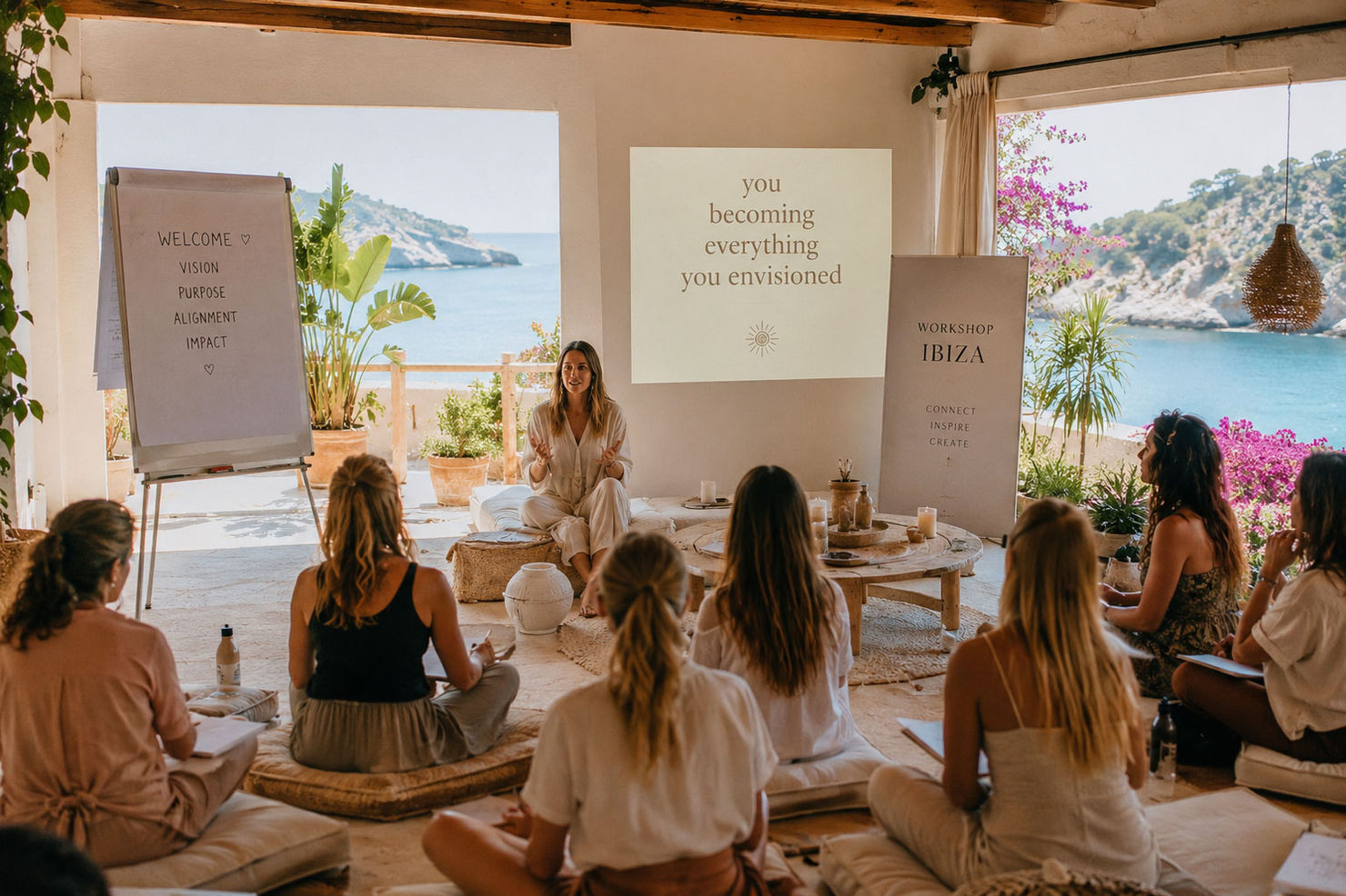 Teilnehmer eines inspirierenden Workshops auf Ibiza sitzen in einem hellen Raum mit Meerblick, während sie einer Präsentation zum Thema persönliches Wachstum und Vision folgen.